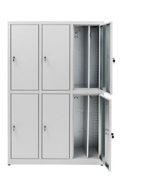 Overlapping locker cabinets save space