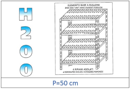Shelf with slotted shelves 200 H- Depth 50cm