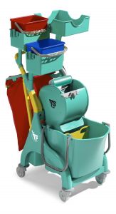 0P066549 Nick Plus 310 trolley with 28 L washing bucket with divider, buckets, storage tray and bag holder