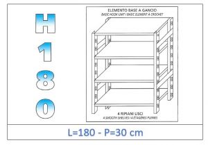 IN-18G46918030B Shelf with 4 smooth shelves hook fixing dim cm 180 x30x180h 