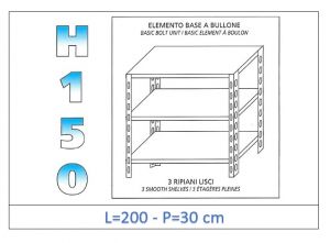 IN-B36920030B Shelf with 3 smooth shelves bolt fixing dim cm 200x30x150h 