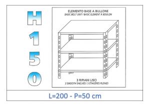 IN-B36920050B Shelf with 3 smooth shelves bolt fixing dim cm 200x50x150h 