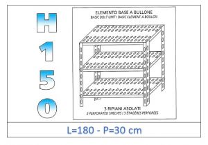IN-B37018030B Shelf with 3 slotted shelves bolt fixing dim cm 180 x30x150h 