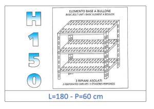 IN-B37018060B Estante con 3 estantes ranurados perno fijación dim cm 180x60x150h