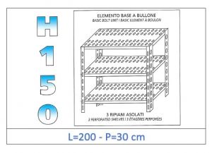IN-B37020030B Shelf with 3 slotted shelves bolt fixing dim cm 200x30x150h 