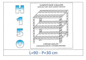 IN-B3709030B Étagère avec 3 étagères à fente fixation par boulon dim cm 90x30x150h 