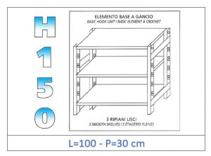 IN-G36910030B Estante con 3 estantes lisos fijación de gancho dim cm 100x30x150h