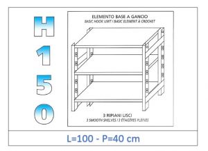 IN-G36910040B Estante con 3 estantes lisos fijación de gancho dim cm 100x40x150h