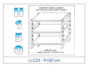 IN-G36911030B Estante con 3 estantes lisos fijación de gancho dim cm 110x30x150h