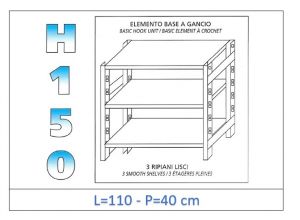 IN-G36911040B Estante con 3 estantes lisos fijación de gancho dim cm 110x40x150h