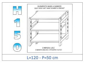IN-G36912050B Estante con 3 estantes lisos fijación de gancho dim cm 120x50x150h