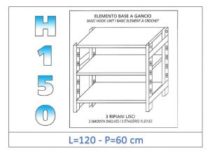 IN-G36912060B Shelf with 3 smooth shelves hook fixing dim cm 120x60x150h 
