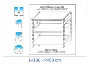 IN-G36913050B Shelf with 3 smooth shelves hook fixing dim cm 130x50x150h 