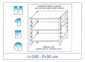 IN-G36914030B Shelf with 3 smooth shelves hook fixing dim cm 140 x30x150h 