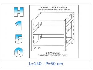 IN-G36914050B Shelf with 3 smooth shelves hook fixing dim cm 140x50x150h 