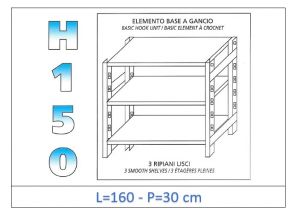 IN-G36916030B Shelf with 3 smooth shelves hook fixing dim cm 160x30x150h 