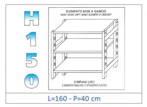 IN-G36916040B Shelf with 3 smooth shelves hook fixing dim cm 160x40x150h 
