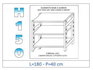 IN-G36918040B Shelf with 3 smooth shelves hook fixing dim cm 180x40x150h 