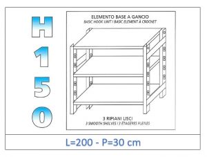 IN-G36920030B Estante con 3 estantes lisos fijación de gancho dim cm 200x30x150h