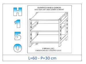 IN-G3696030B Estante con 3 estantes lisos fijación de gancho dim cm 60x30x150h