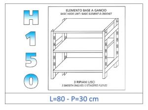 IN-G3698030B Shelf with 3 smooth shelves hook fixing dim cm 80x30x150h 