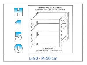IN-G3699050B Shelf with 3 smooth shelves hook fixing dim cm 90x50x150h 