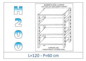 IN-G46912060B Shelf with 4 smooth shelves hook fixing dim cm 120x60x200h 