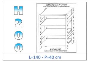 IN-G46914040B Shelf with 4 smooth shelves hook fixing dim cm 140x40x200h 