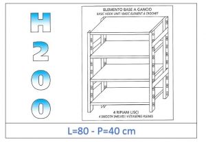 IN-G4698040B Shelf with 4 smooth shelves hook fixing dim cm 80x40x200h 