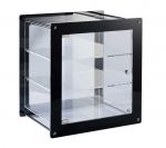 VB00908 Plexiglass display case with two shelves and door and black colored edge