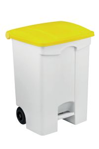 T115076 Conteneur à pédale mobile en plastique blanc avec couvercle jaune 70 litres (pack de 3 pièces)