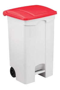 T115097 Conteneur à pédale mobile en plastique blanc avec couvercle rouge 90 litres (pack de 3 pièces)