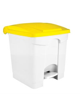 T115306 Poubelle à pédale en plastique blanc avec couvercle jaune 30 litres (pack de 3 pièces)