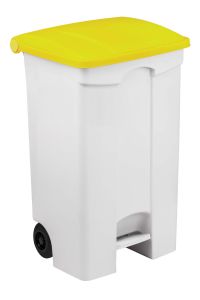 T115596 Conteneur à pédale mobile en plastique blanc avec couvercle jaune, 90 litres