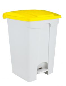 T115706 Poubelle à pédale en plastique blanc avec couvercle jaune 70 litres (pack de 3 pièces)