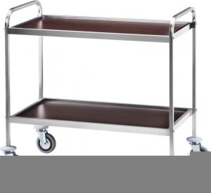 CA 1000W Stainless steel service trolley 2 wood wenge shelves 83x57x97h