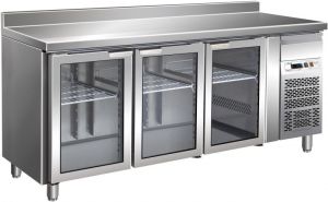 G-GN3200TNG - Inox Refrigerated Counter Table with Upstand Temp. + 2 / + 8 ° C 3 Glass Doors 